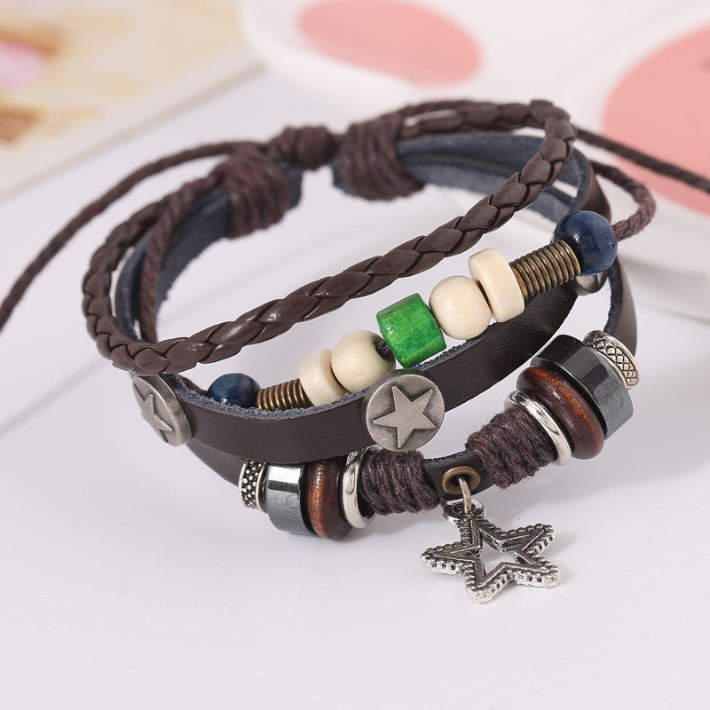 Star Pendant Multilayer Leather Bracelet