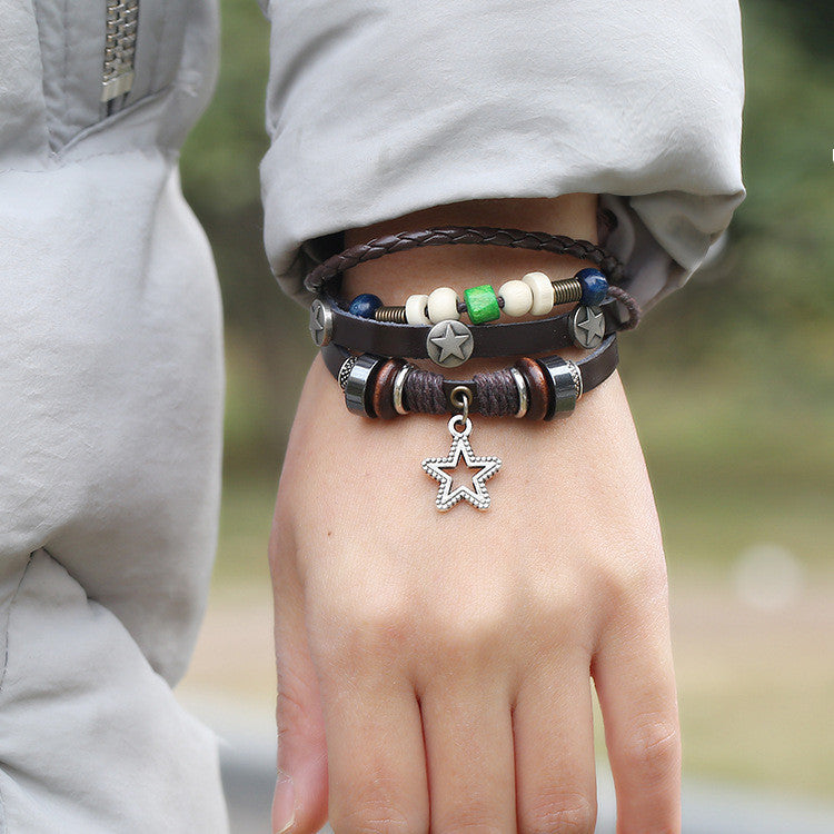 Star Pendant Multilayer Leather Bracelet