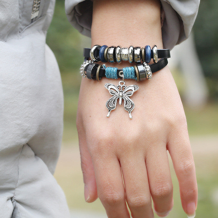 Butterfly Pendant Beaded Leather Bracelet