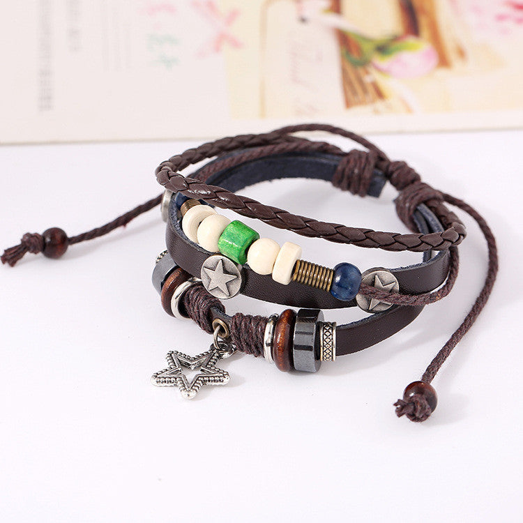 Star Pendant Multilayer Leather Bracelet