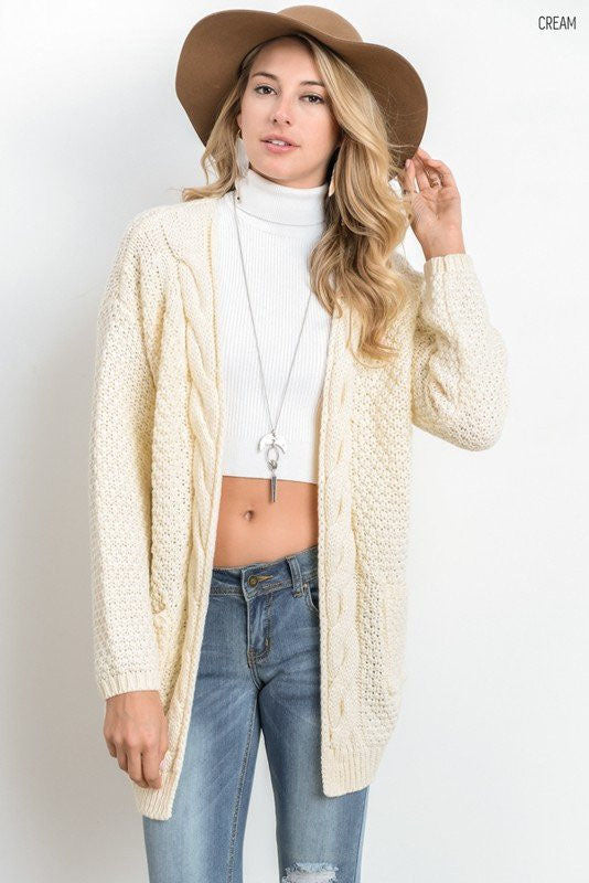Cable Pockets Solid Color Long Cardigan