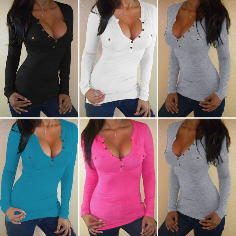Long Sleeve V-neck Buttons Decorate Pure Color T-shirt