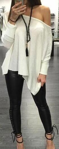 Sexy Scoop Long Sleeve Pure Color Casual Loose Blouse