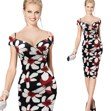 Print Spaghetti Strap Cold Shoulder Mid-Calf Dress
