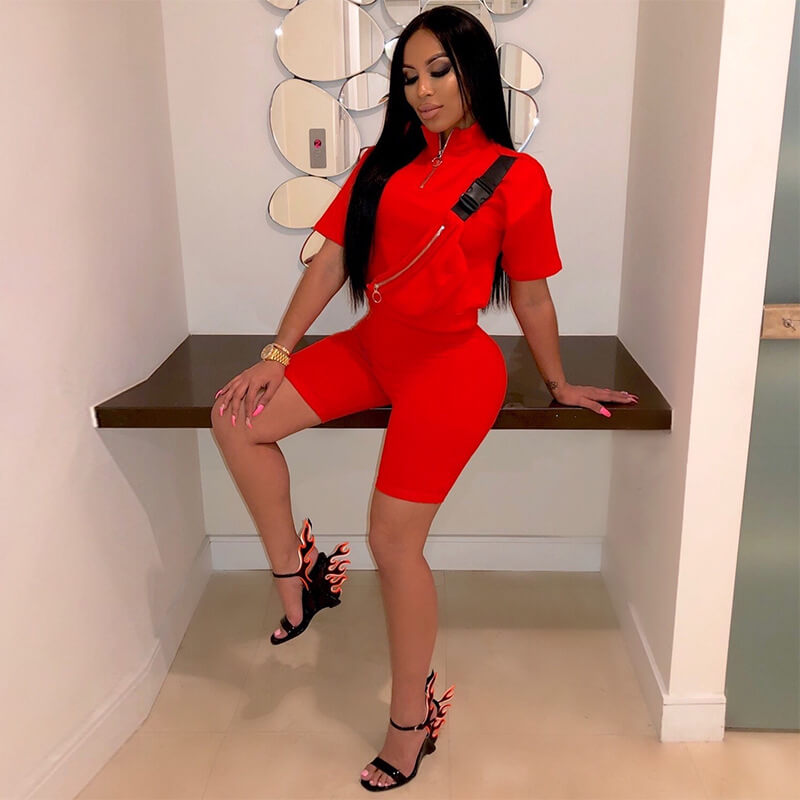 High Neck Crop Top High Waist Shorts Set