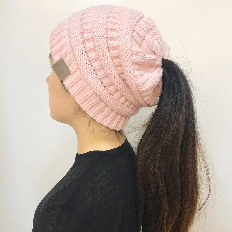 Women's Winter Outdoor Warm Wool Hat Empty Top Horsetail Knitted Hat