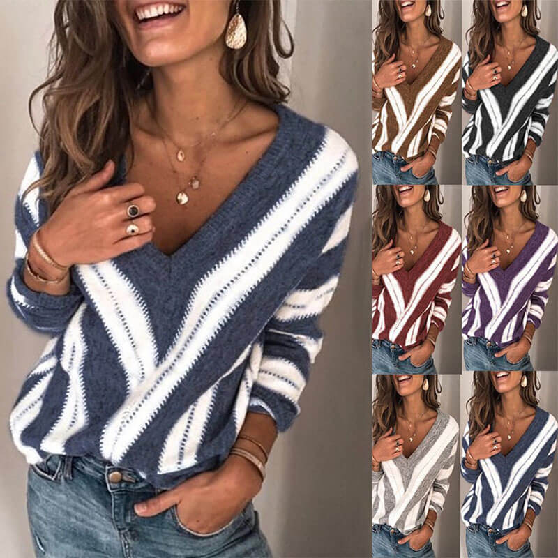 V Neck Striped Colorblock Knit Sweater