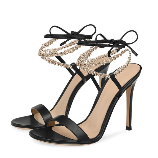 Black PU Ankle Lace Up Fashion Gold Chain Party Shoes