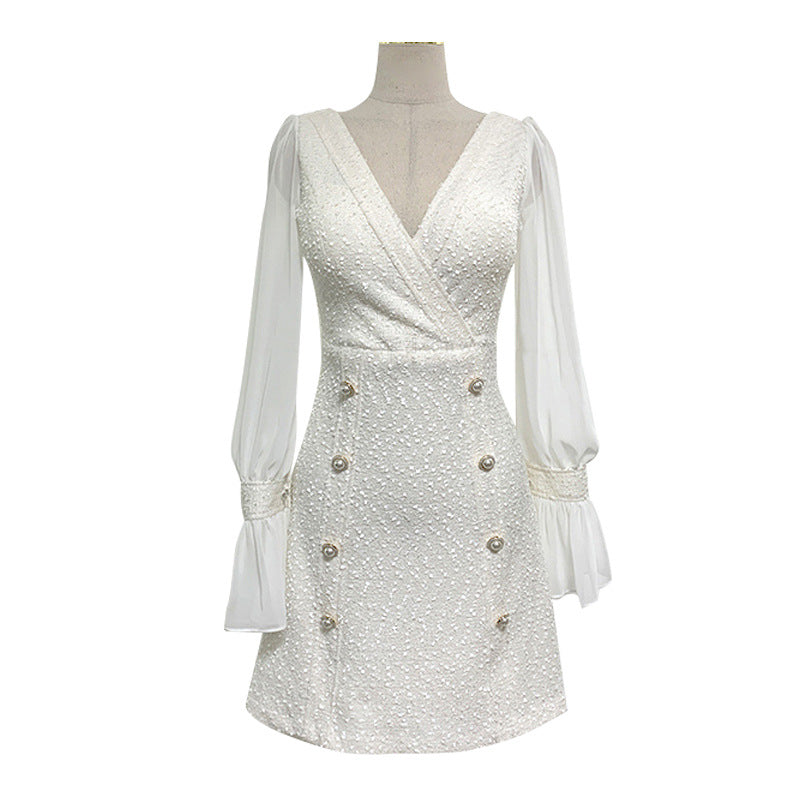 V-Neck Patchwork Flared Sleeve A-line Dress