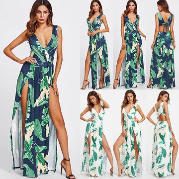 Flower Print V-neck Sleeveless Long Fashion Dress