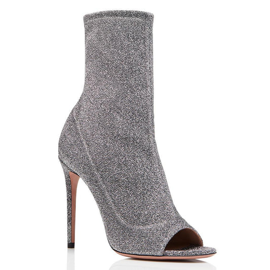 Super High Heel Grey Open Toe Fish Mouth Ankle Boots