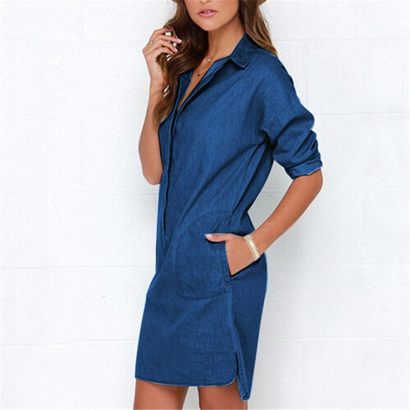 Side Split Turn Down Collar Cowboy Denim Dress