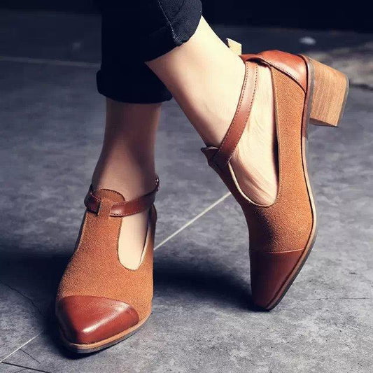 Pointed Toe Ankle Strap Leather and Suede Heeled Shoes