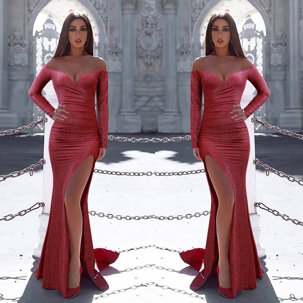 High Open Fork and Slim Button V-neck Long Sleeves Bright wire Long Party Dress