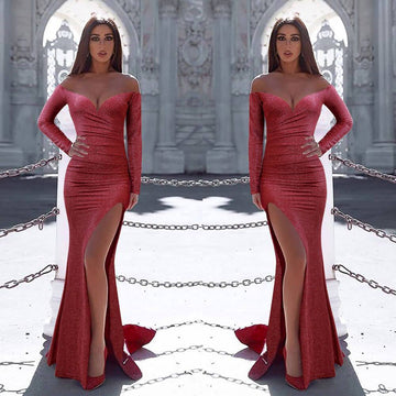 High Open Fork and Slim Button V-neck Long Sleeves Bright wire Long Party Dress