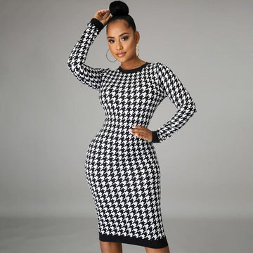 Long Sleeve Round Neck Blackless Print Dress