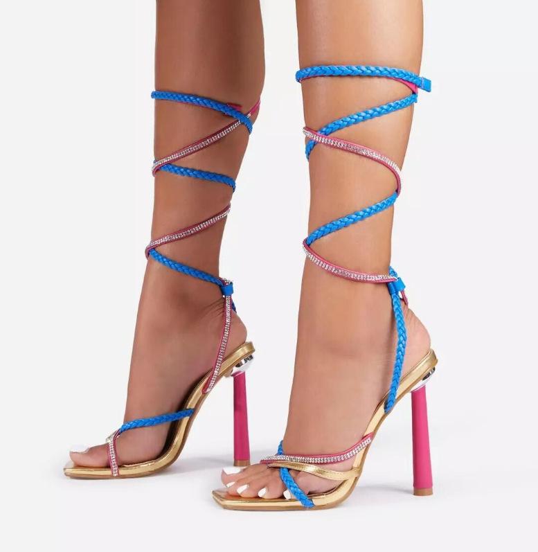 Hand Woven Diamond High Heel Square Tie Sandals