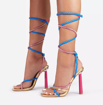 Hand Woven Diamond High Heel Square Tie Sandals