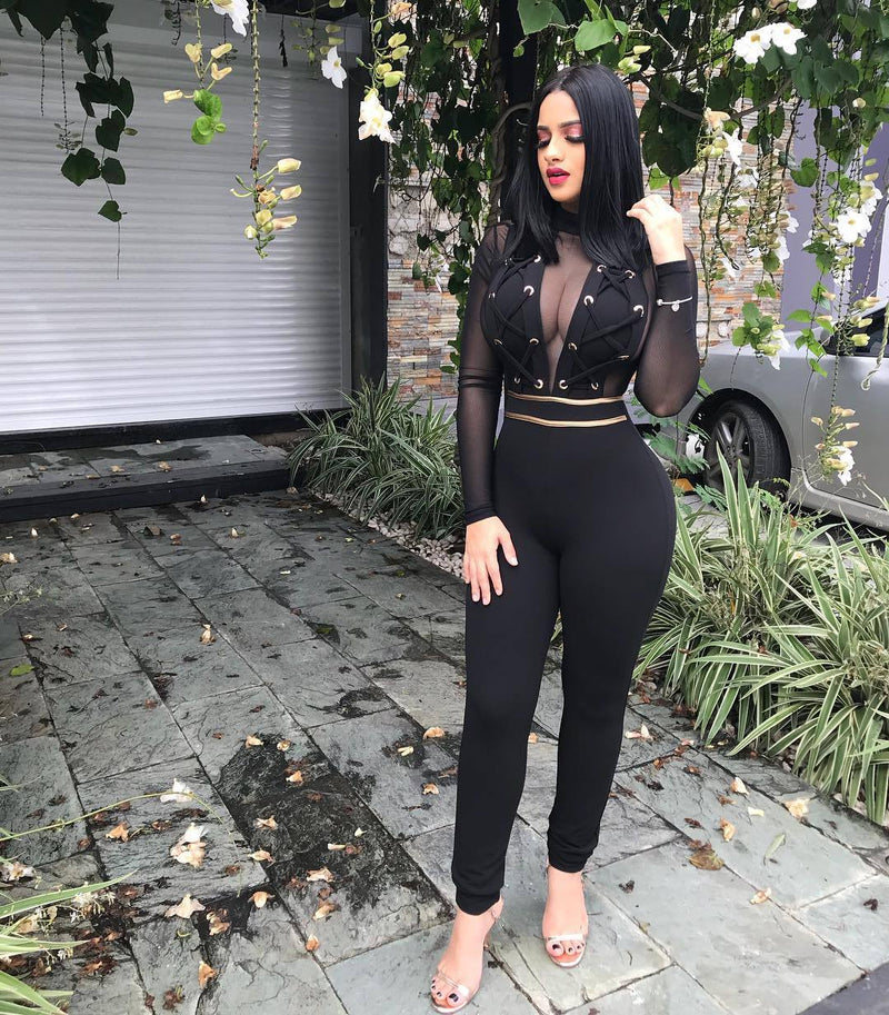 Transparent Lace Long Sleeves High Waist Long Jumpsuits
