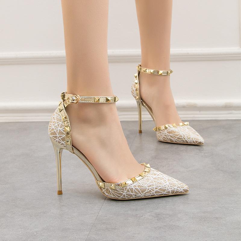 High Heel Shallow Pointed Hollow Out Rivet Slotted Sandals