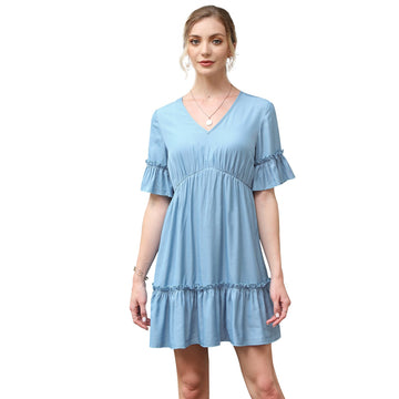 Short Sleeve Ruffle Solid Casual Dress