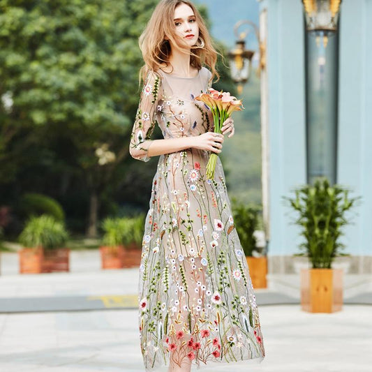 Embroidery Flowers Transparent Mesh Patchwork Long Dress