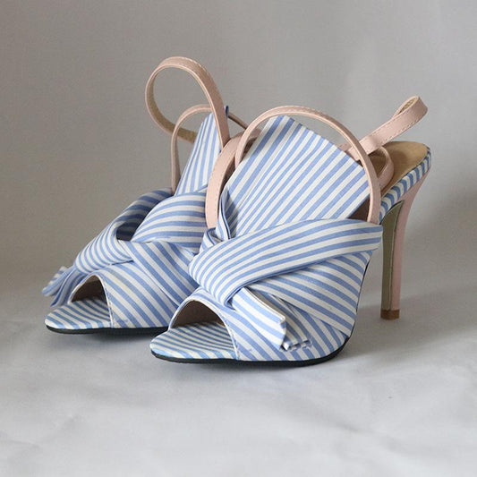 Bow One Line Striped Color Matching Fashion High Heel Fish Mouth Sandals