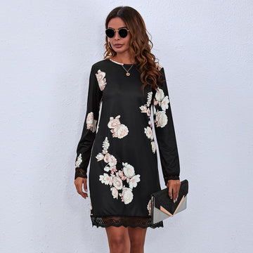 Printed Round Neck Lace Long Sleeve Dress