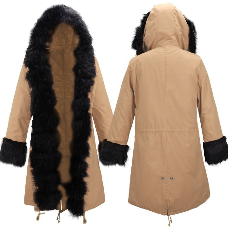 Zipper Hooded Faux Fur Cuff Long Cotton Coat