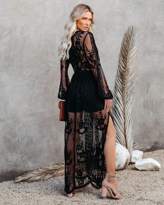 Embroidery lace long sleeve V-neck solid Chiffon  Beach Dress