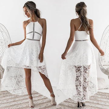 Spaghetti Straps Backless Lace Pure Color Irregular Long Dress