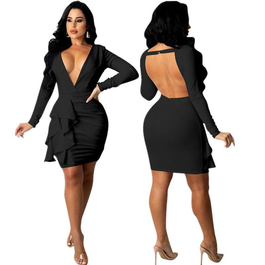 Long Sleeve V-neck Pleated Backless Party Dress
