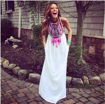Sleeveless Print Patchwork Pleated Long Beach Bohemian Dress