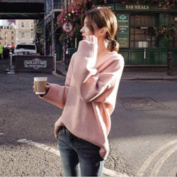 Long Sleeves Pure Color V-Neck Loose Sweater