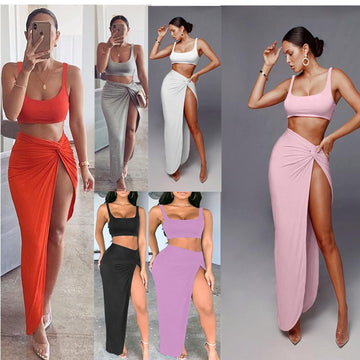Strap Crop Top Irregular Side Split Skirt Club Dress Set
