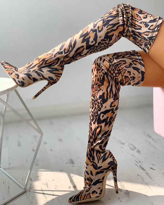 Fashion Leopard Print High Tube Thin High-Heeled Knee Boots