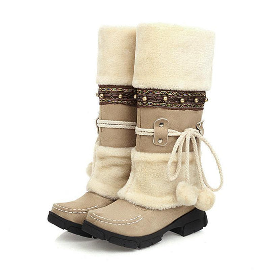 Winter Middle Heel Cotton Boots Wool Ball High Tube Warm Boots Knight Snow Boots