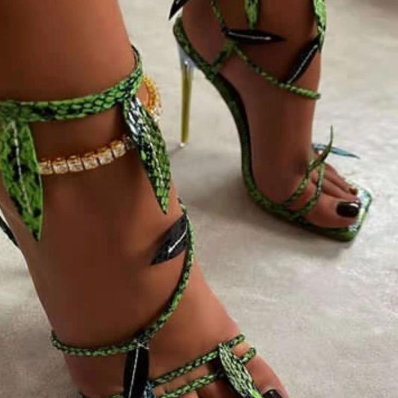 Green snake high heeled sandals