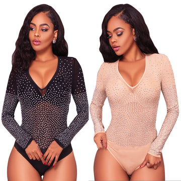Deep V-neck Long Sleeve Jacquard hollowed out conjoined shorts Jumpsuit