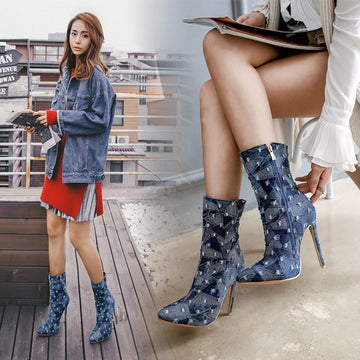 Denim Perforated Side Zipper Boot