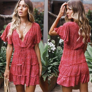 V-neck Floral Print Short Dress