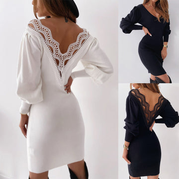 Lace Blackless Long Sleeve Sweater Bodycon Dress