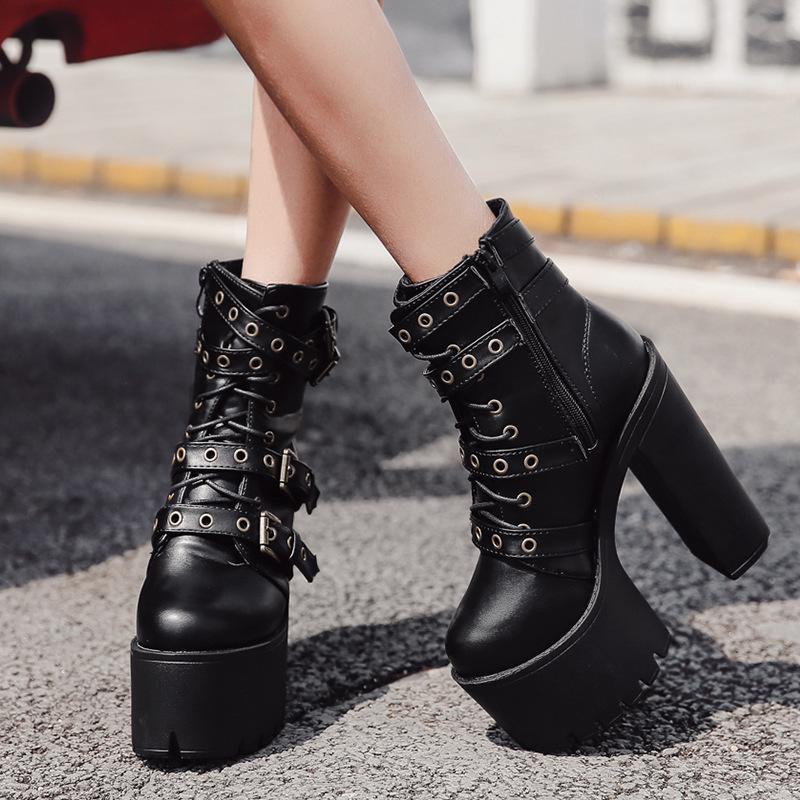 Nightclub Thick Bottom High Heel Waterproof Platform Belt Buckle Martin Boots