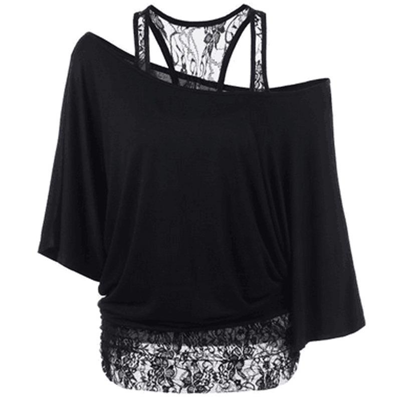 Fashion Scoop One Shoulder Lace Patchwork Short Sleeves T-shirt