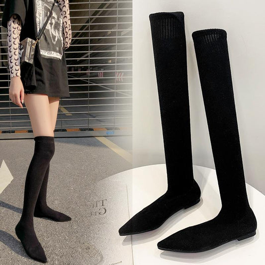 Elastic Over Knee Flat Bottomed Pointed Knitted Boots