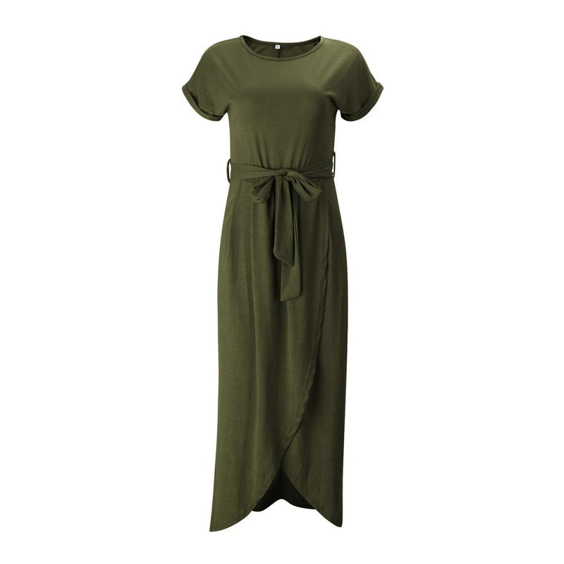 Pure Color Irregular Straps Belt Long Dress