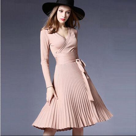 Pure Color V-neck Long Sleeves Knee-length Fashion Dress
