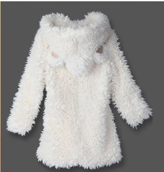 Free Shipping White Bear Ear Shape Hood Lambswool Coat/Hoodies