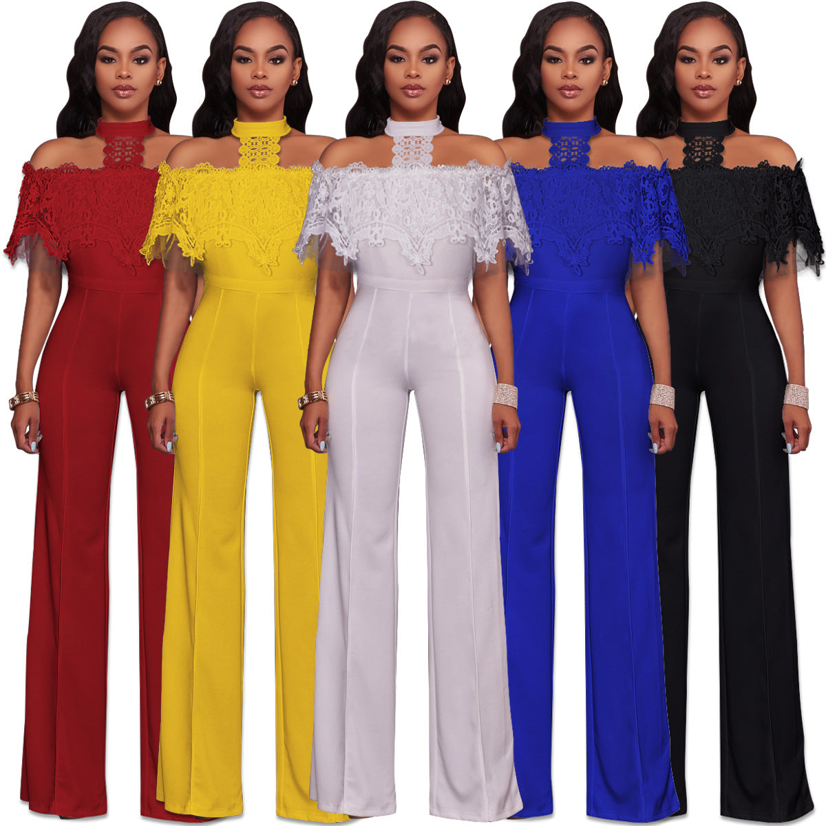 Fashion Lace Backless Halter Long Jumpsuit