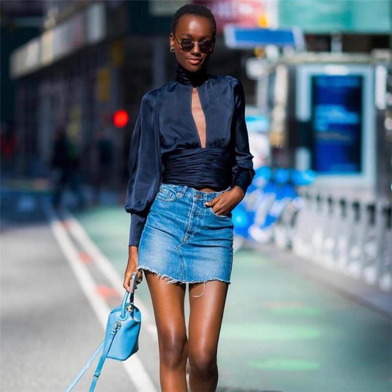 High Neck Cut Out Long Lantern Sleeves Backless Short Blouse